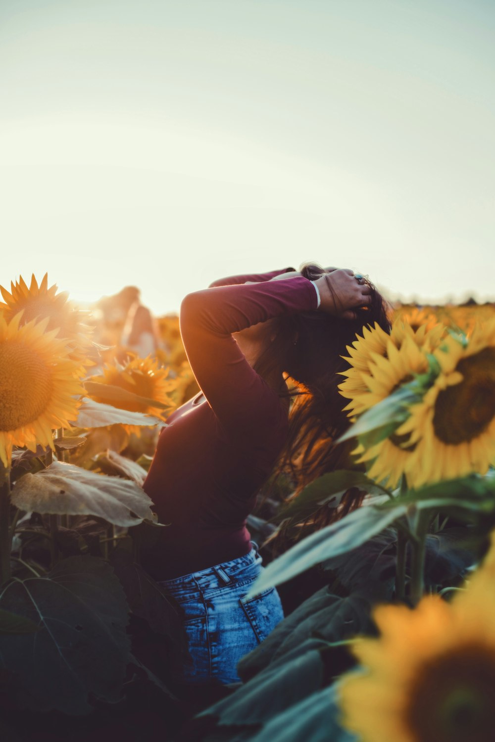 Frau, die von Sonnenblume umgeben ist