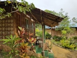 A rustic structure made of woven bamboo and wood with a sloped thatched roof is seen surrounded by lush greenery. The scene includes various tropical plants and shrubs along a narrow stone pathway. The house has a porch area with plastic chairs, and the atmosphere is serene and inviting.
