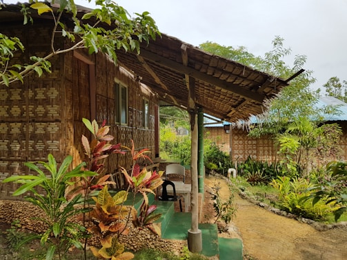 A rustic structure made of woven bamboo and wood with a sloped thatched roof is seen surrounded by lush greenery. The scene includes various tropical plants and shrubs along a narrow stone pathway. The house has a porch area with plastic chairs, and the atmosphere is serene and inviting.