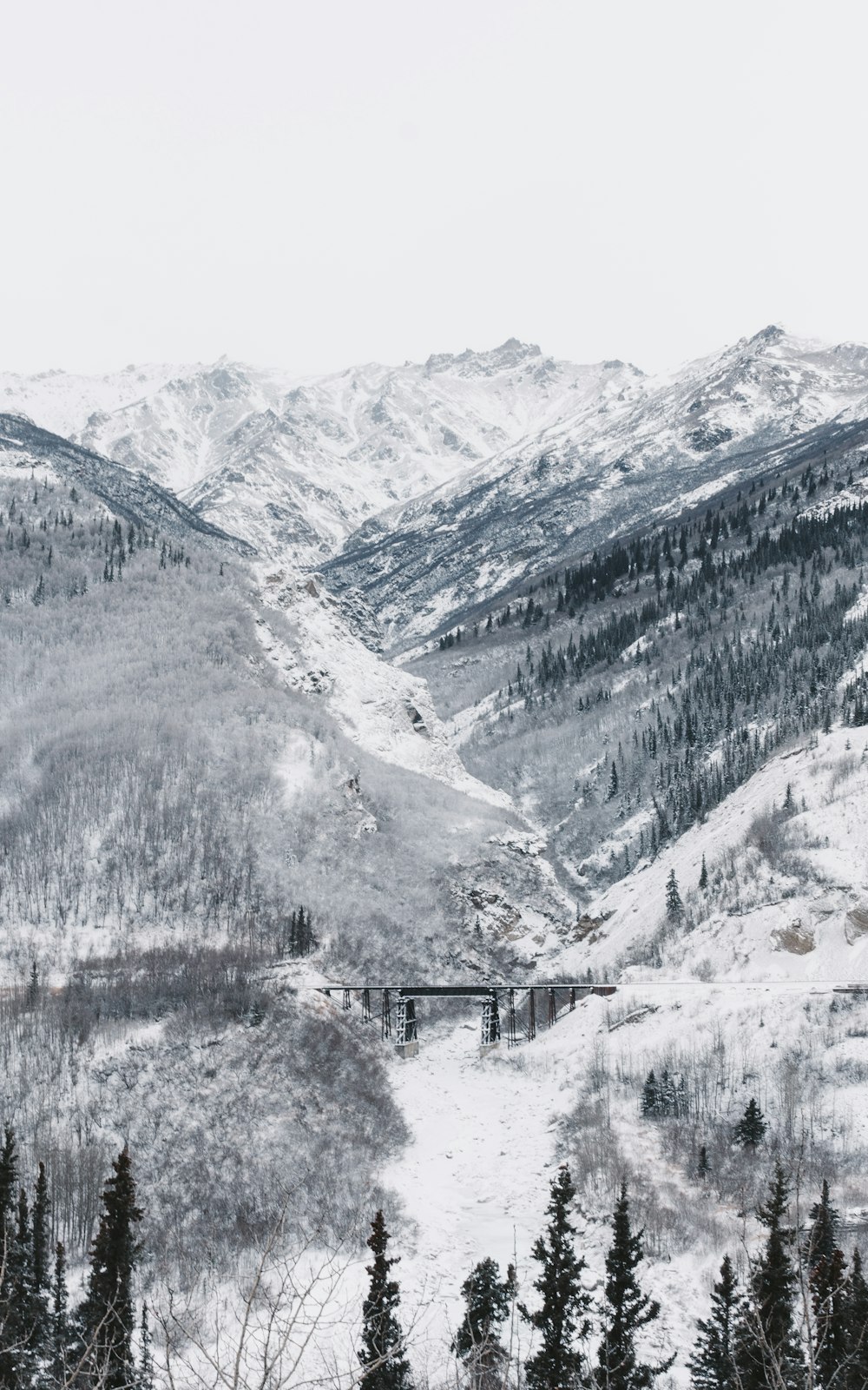 black bridge surrounded by mountain covered with snow under white sky
