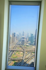 View from deluxe suite window overlooking bustling city streets and nearby hospitals.