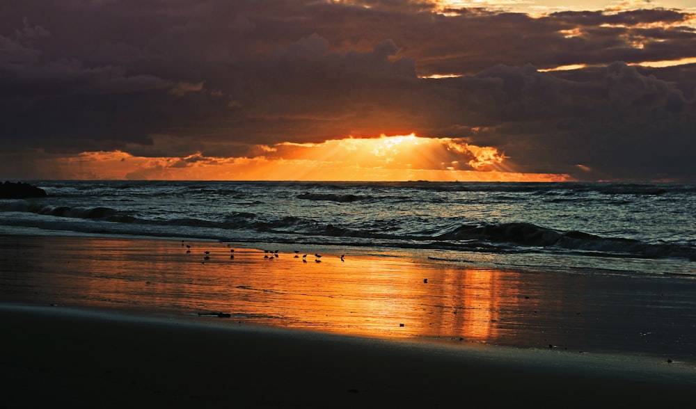 sea waves crashing on shore during sunset