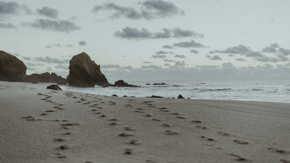 seashore near brown rock formation under white sky