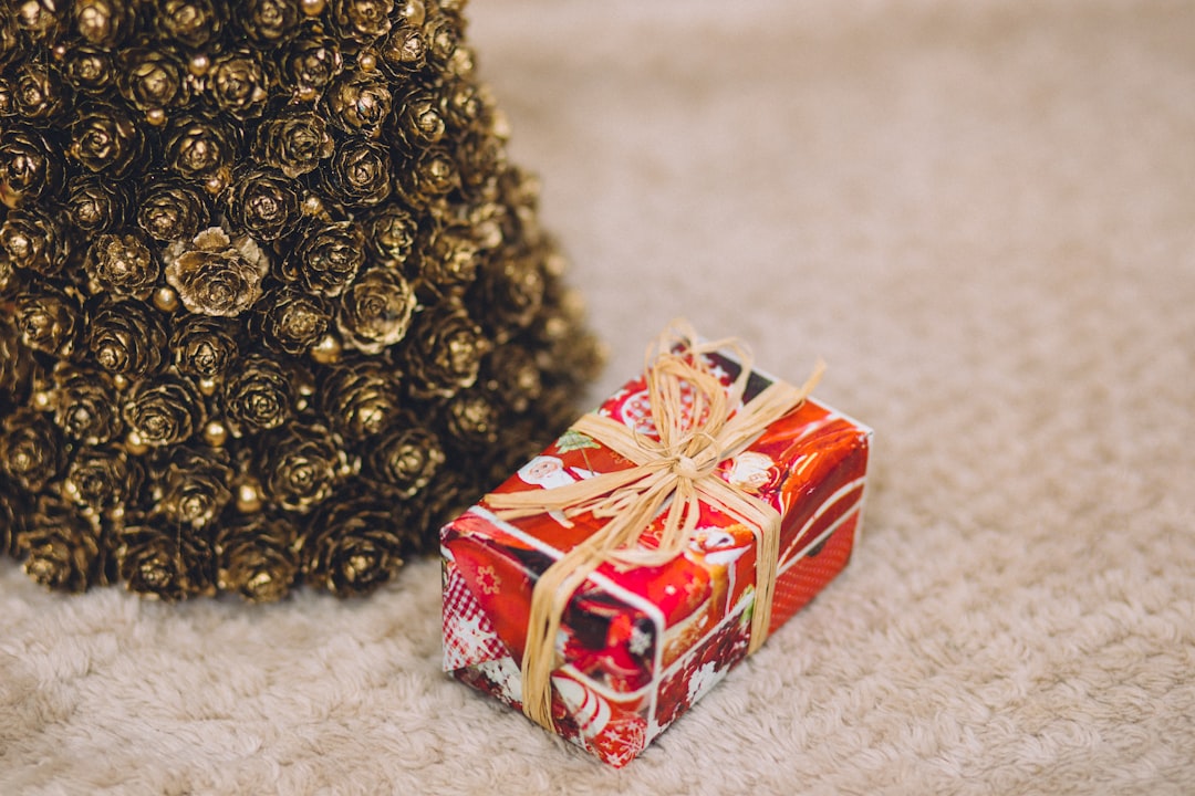 A single wrapped present sitting next to an artificial Christmas tree.