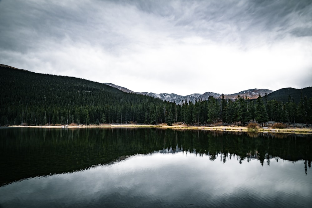 Specchio d'acqua accanto agli alberi e alla montagna con cielo nuvoloso