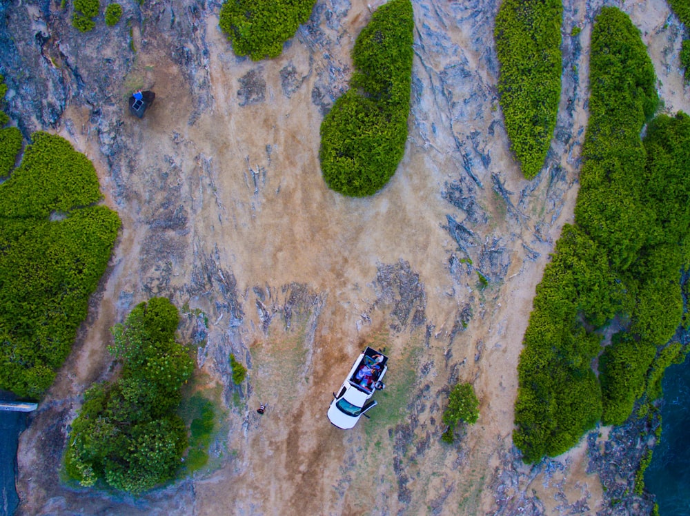 bird's eye view of white car near green hills