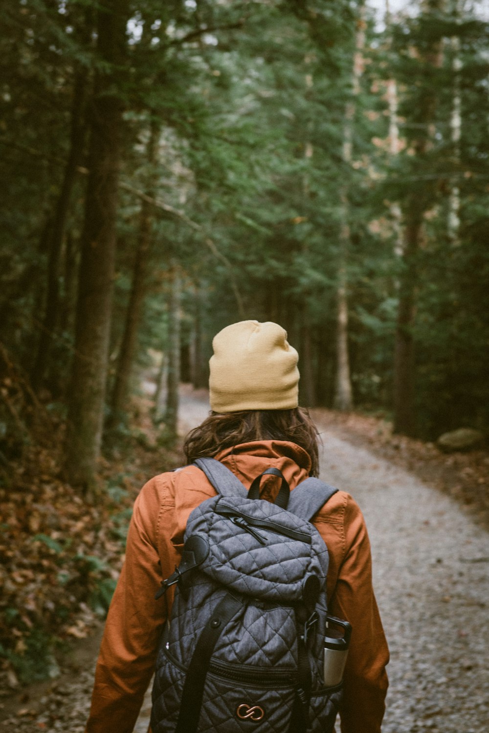 woman carrying backpack walking towards the forest