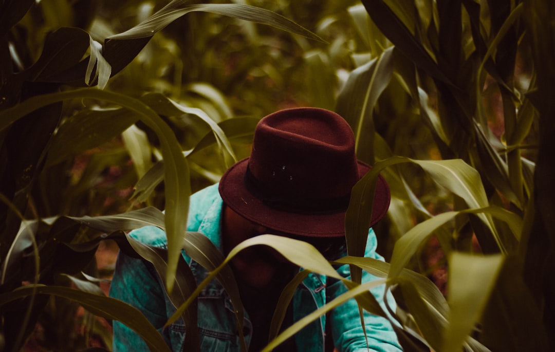man wearing fedora hat in corn field