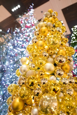 A festive display of Christmas decorations.