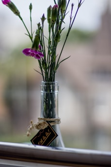 A clear glass bottle is filled with fresh pink and purple flowers, standing on a blurred background. The bottle is adorned with a piece of twine and a small black tag that reads 'Oh la la!'. The setting is softly lit, creating a serene atmosphere.