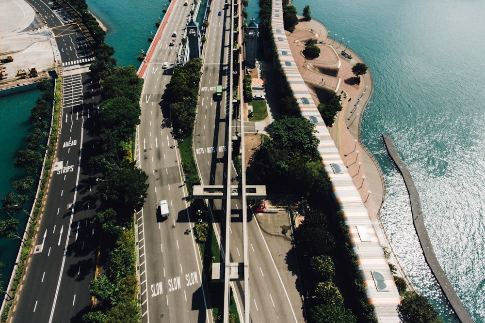 vehicles on road near body of water