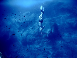 A person wearing flippers is diving into a deep blue underwater scene surrounded by small fish. The underwater landscape features large rock formations and varying shades of blue, creating a serene and adventurous atmosphere.