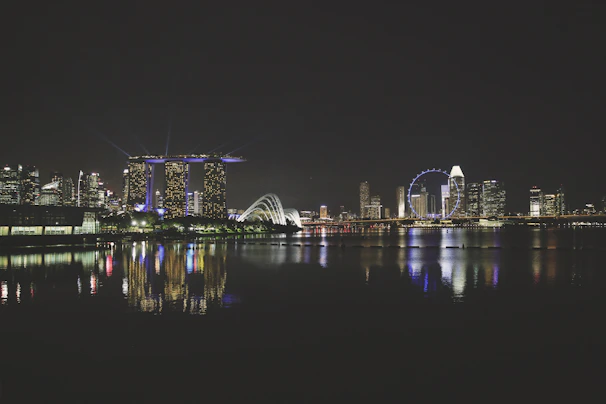 Night view of a city skyline highlighting illuminated engineering structures