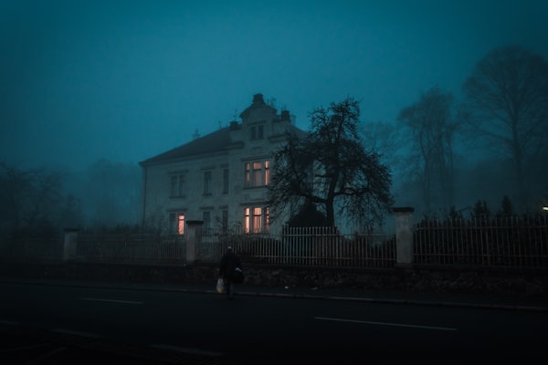 A creepy house shrouded in mist and low lighting.