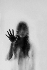 A chilling silhouette of a monster lurking behind a foggy window.