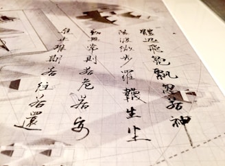 Chinese calligraphy written in black ink on parchment, featuring bold and elegant strokes overlaid on a geometric background sketch. The letters are arranged vertically and contrast with the subtle grid and shapes in the background.