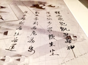 Chinese calligraphy written in black ink on parchment, featuring bold and elegant strokes overlaid on a geometric background sketch. The letters are arranged vertically and contrast with the subtle grid and shapes in the background.