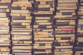 A collection of VHS tapes is neatly stacked in rows on a shelf. The spines of the tapes display various titles, many of which are written in French. The tapes vary slightly in color, with some having faded labels and others featuring colorful graphics.