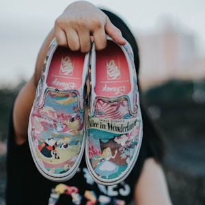 tilt shift lens photography of Vans Alice in Wonderland slip-on shoes