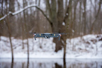 A drone equipped with thermal imaging flying over a wooded area at dawn.