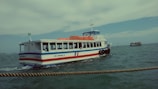 A ferry boat is navigating through a body of water with its hull painted in blue and white with a red stripe. The green and yellow flag on the stern flutters in the breeze. Several passengers are visible through the windows. The sky is partly cloudy, and the water is slightly choppy. Another boat can be seen in the distance.