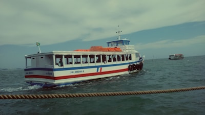 A ferry boat is navigating through a body of water with its hull painted in blue and white with a red stripe. The green and yellow flag on the stern flutters in the breeze. Several passengers are visible through the windows. The sky is partly cloudy, and the water is slightly choppy. Another boat can be seen in the distance.