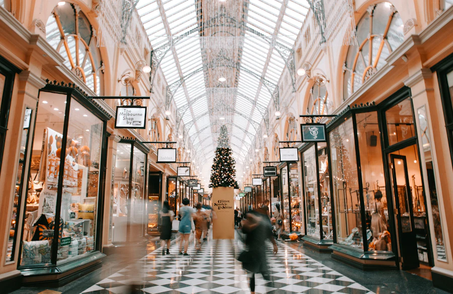 Modern shopping street with storefront windows