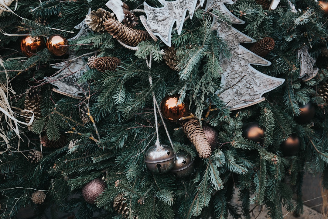 Christmas tree with baubles and pine cones, Christmas ornaments on tree