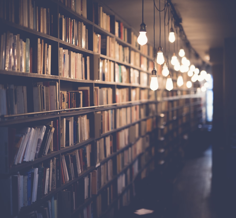 Photo de bibliothèque avec lumières allumées