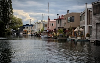A row of colorful houseboats lines the calm waterfront, with trees and greenery on the left and a prominent observation tower visible in the distance against a cloudy sky. Potted plants and small outdoor furniture add charm to the houseboat decks.