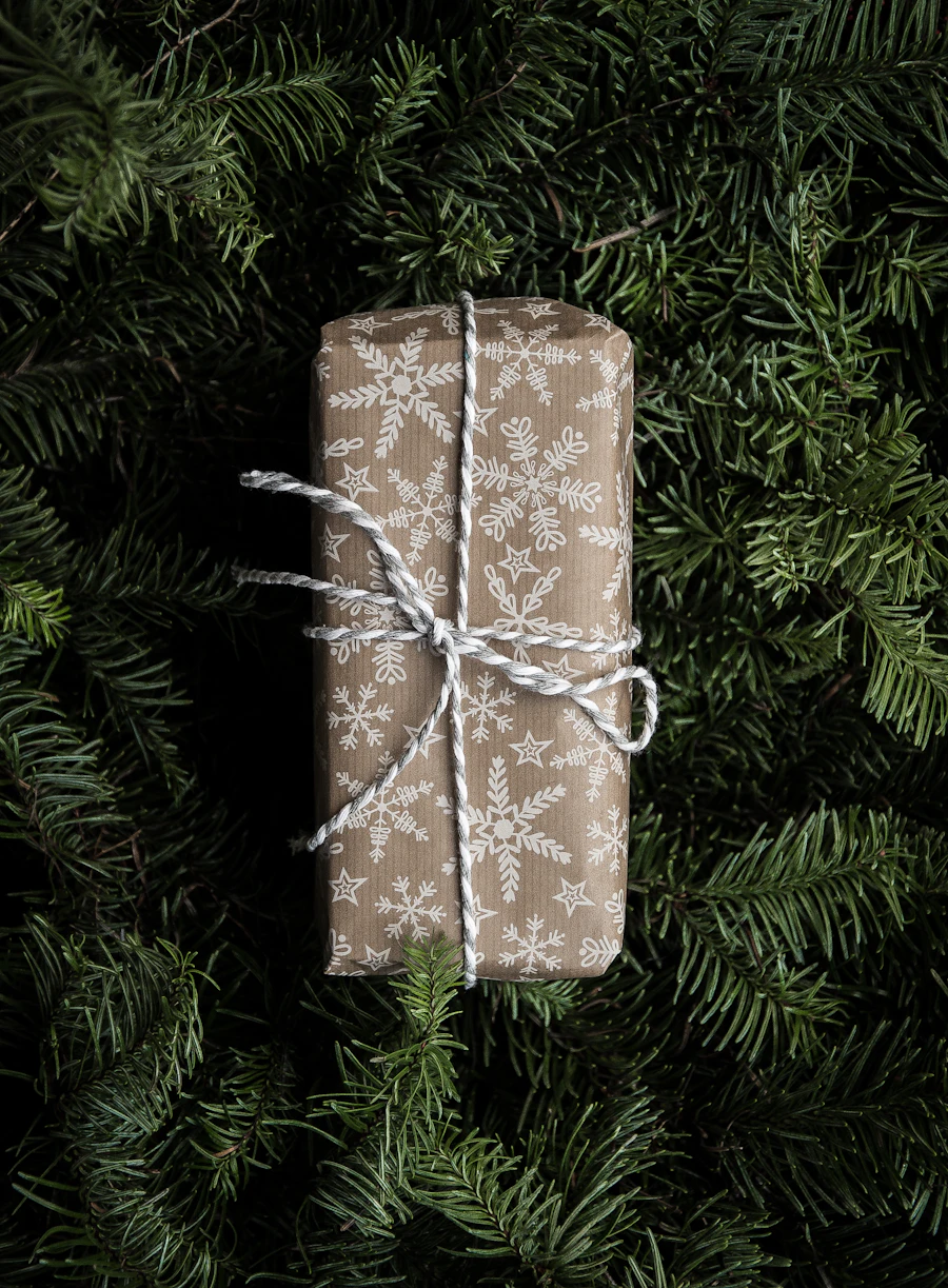 A gift wrapped in brown paper with a sprig of fir