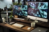 two computer monitors turned on with the same wallpaper