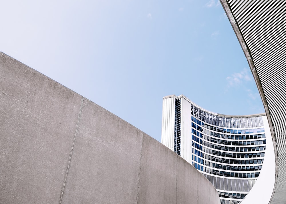 Concrete walls near the curved building of Toronto City Hall