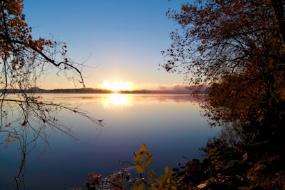 A tranquil lake reflecting the warm colors of a sunrise, with branches of autumnal trees framing the scene. The sky is clear with a soft gradient from orange to blue as the sun rises at the horizon. Mist lightly hovers above the water, creating a serene ambiance.