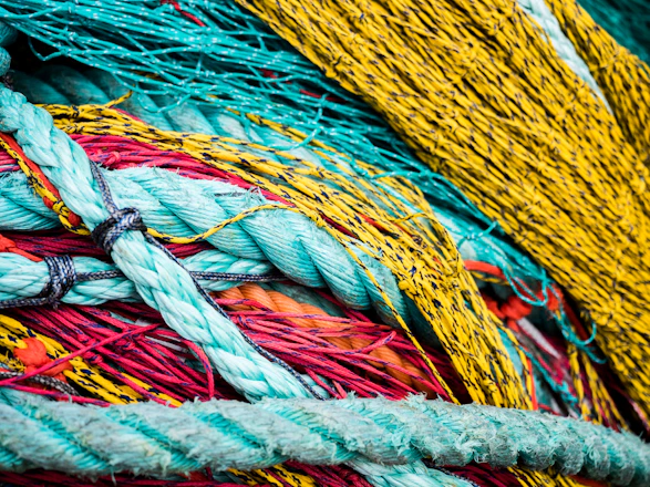 A close-up photo of various colorful ropes and nets neatly arranged on display.