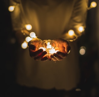 person holding string lights