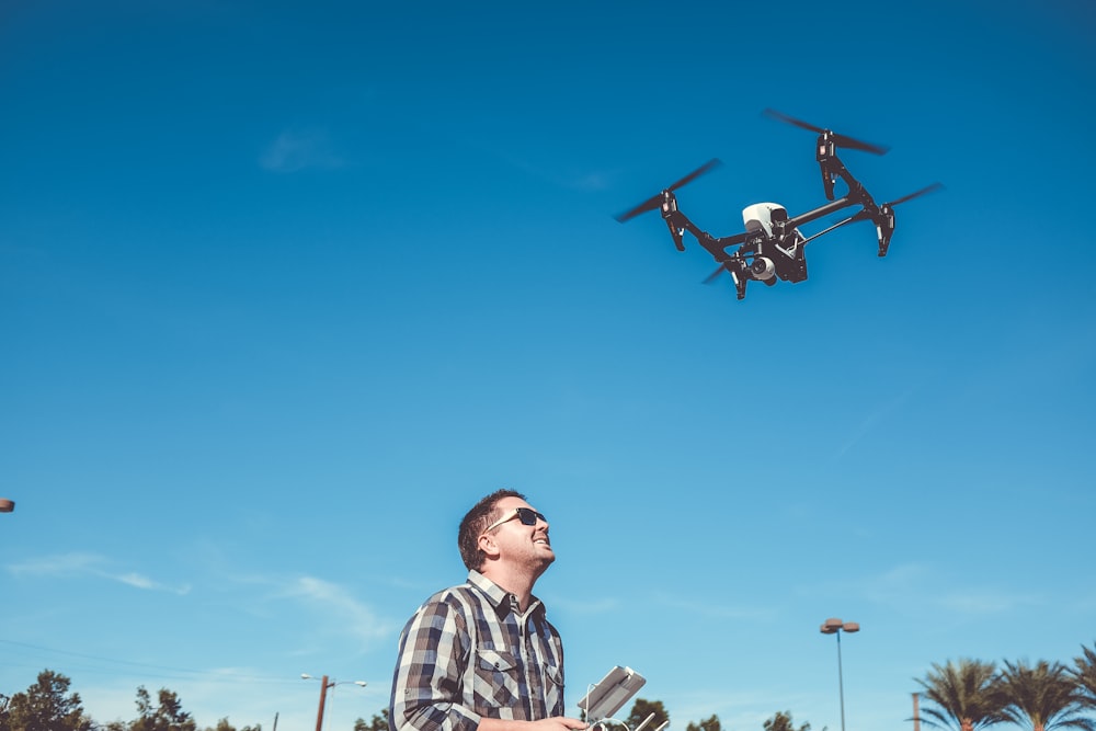 man flying drone