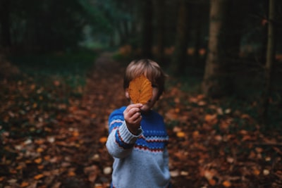 boy holding brown leaf covering his face childhood google meet background