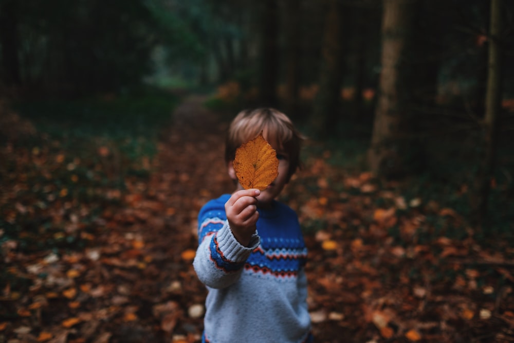 boy holding brown leaf covering his face
