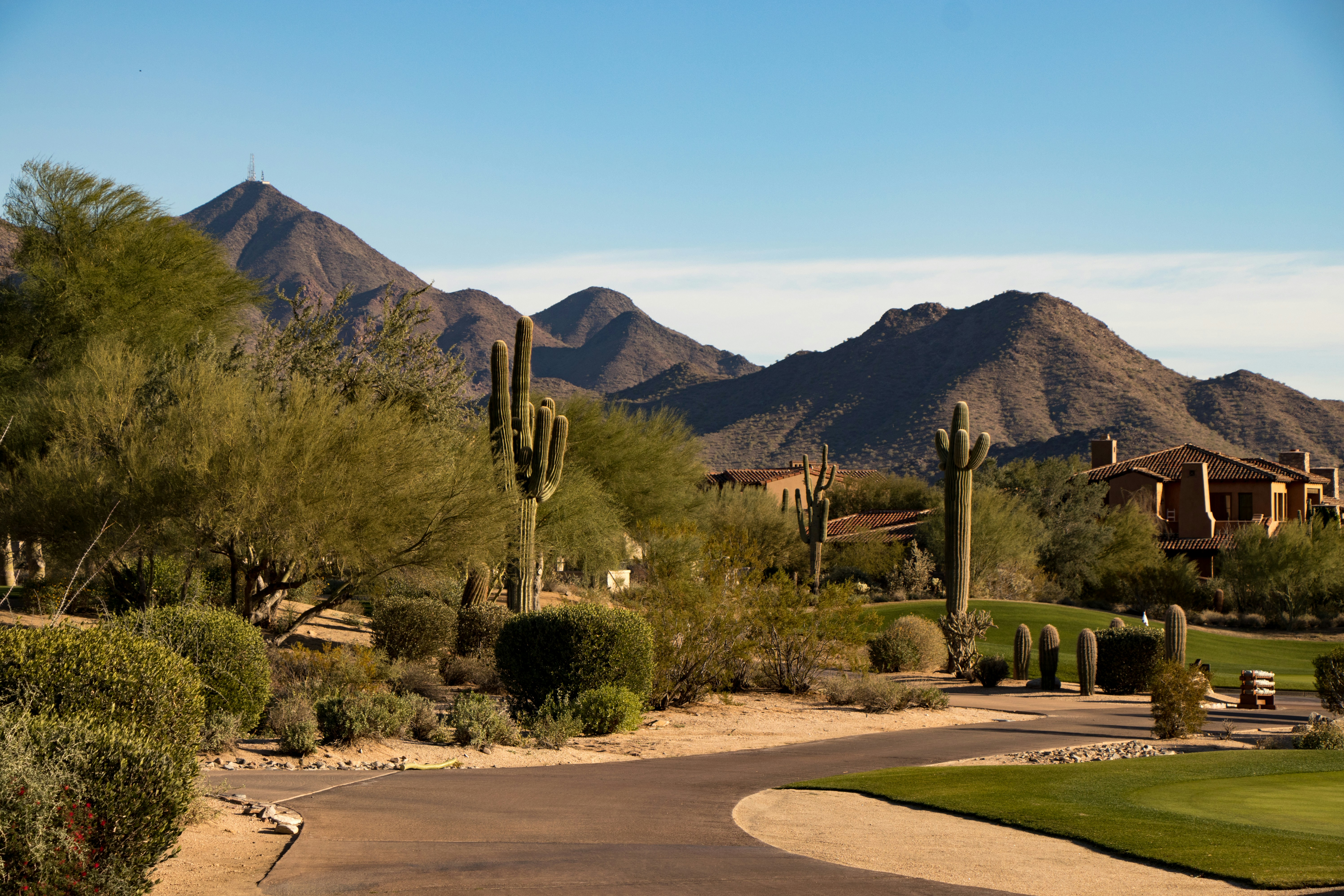 Lush green golf course fairway at sunrise in Scottsdale Arizona desert with mountain backdrop and clear blue sky