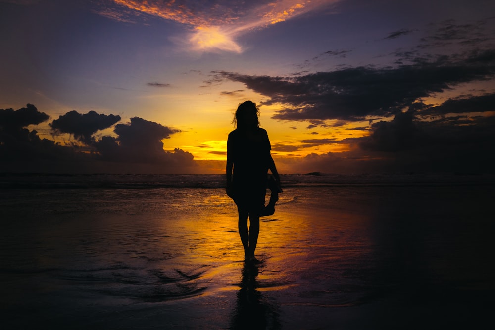 silhouette of woman standing on seashore