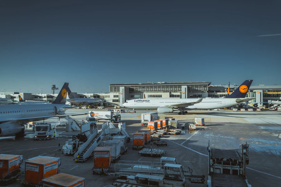 Air cargo aircraft on airport ramp