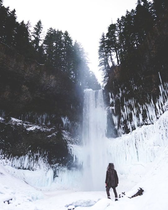 person standing looking at water falls covered by snows in Brandywine Falls Provincial Park Canada