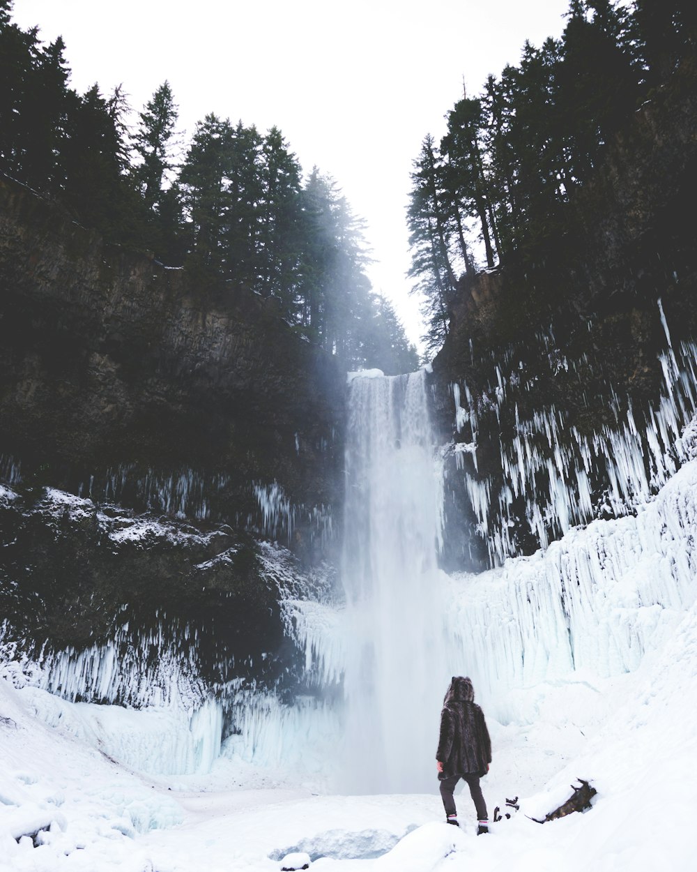 person standing looking at water falls covered by snows