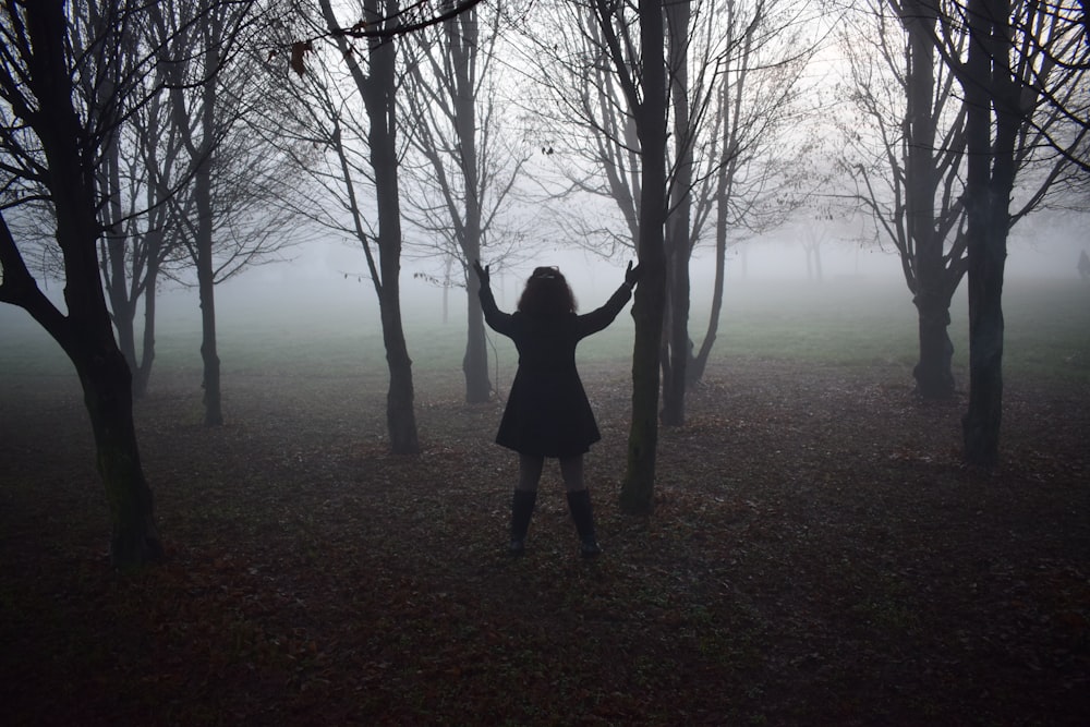 pessoa em pé ao lado de árvores negras fotografia