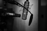 grayscale photography of condenser microphone with pop filter
