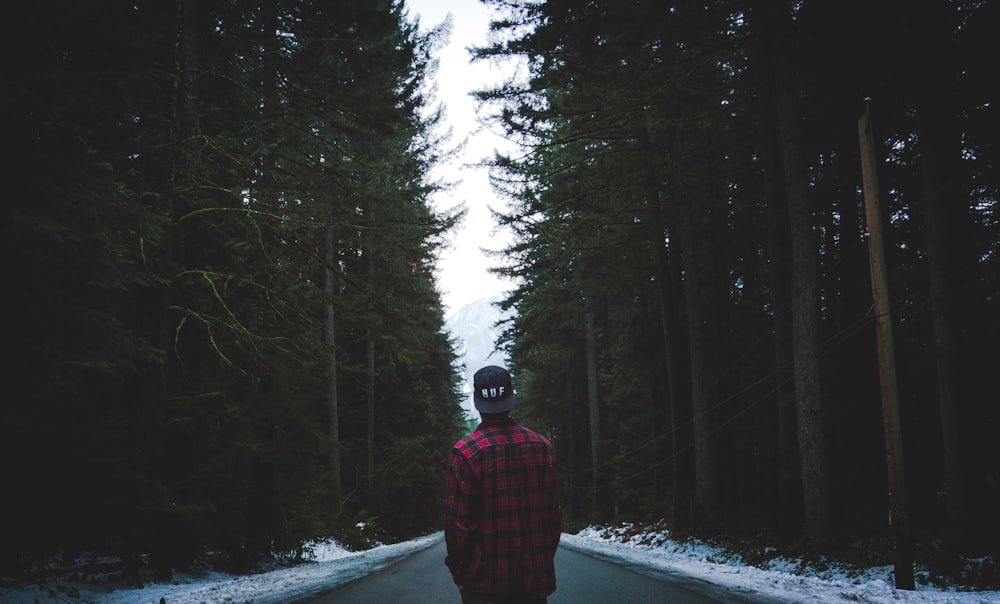 person in plaid sport shirt standing on asphalt road between trees
