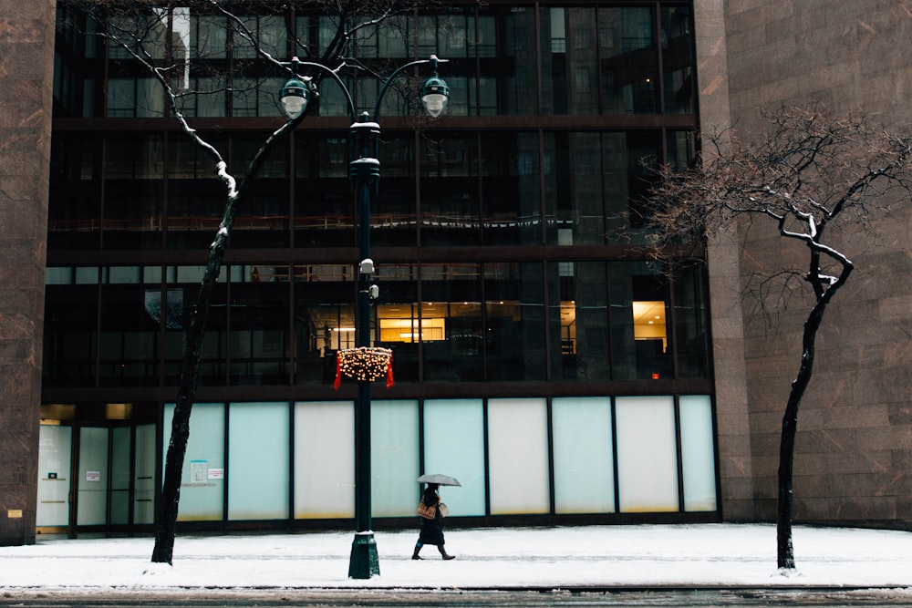 person walking beside building while holding umbrella