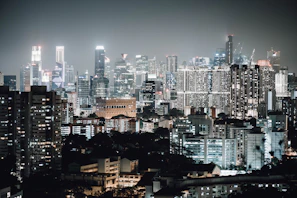 A bustling urban skyline at night showcasing a mix of modern skyscrapers and historic architecture lit up