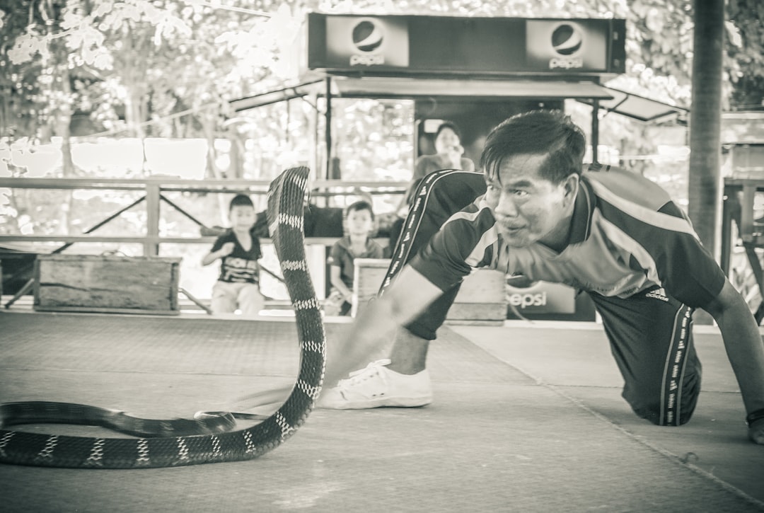 An Asian man playing with a snake on a sidewalk.